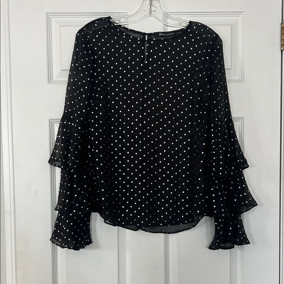 Black Collection Tops - Elegant Black top with silver Polka Dot Ruffle Blouse